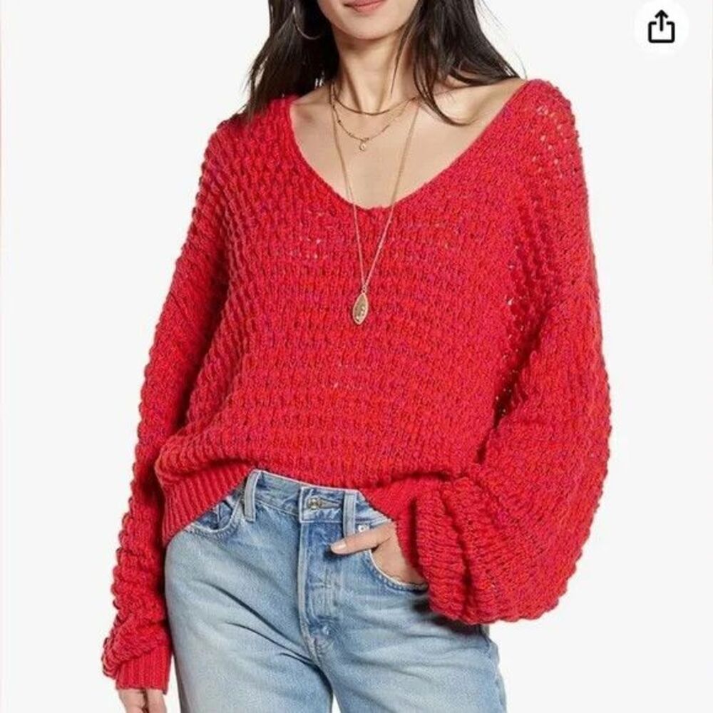 Free People Sweater Womens Large Dragonfruit Combo Open Knit V Neck Top Slouchy